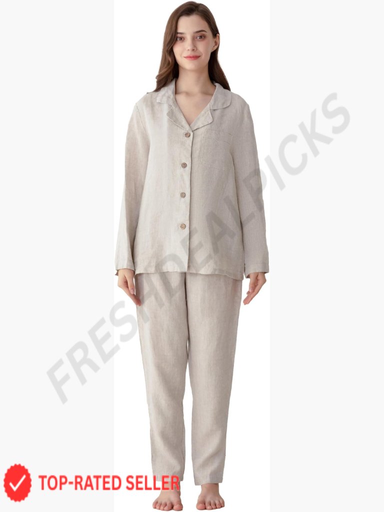 Linen Pajama Set Slim Fit Soft Breathable Loungewear Sleepwear 2 Piece